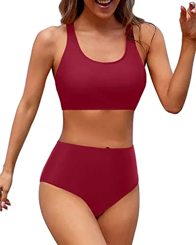 Two Piece Women High Waisted Bikini Sports Crop Top Swimsuit-Red