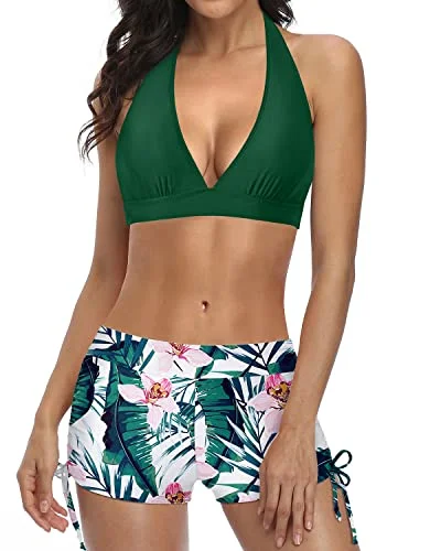 Removable Padding Push Up Bikini With Boyshort Two Piece Swimsuit-Green Tropical Floral