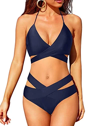 Wrap Bandage Criss Cross Bikini Set High Waisted Push Up Swimsuit-Navy Blue