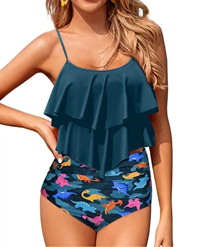 Flowy Tankini Top Tiered Ruffle Bikini Sets For Teen Girls-Blue Green Dinosaur