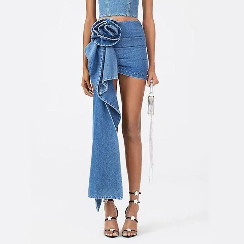 Chic High Waist Blue Denim Skirt with 3D Rose Detail