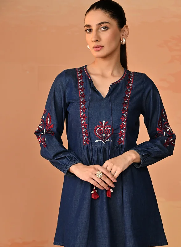 Amna Embroidered Denim Top for Women