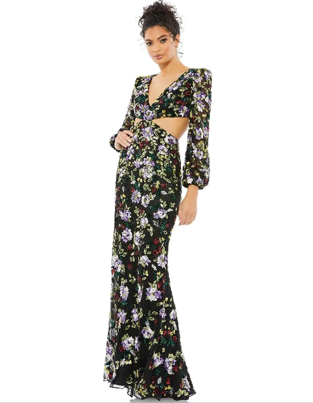 Black Multi 10 Mac Duggal 5566 Long Sleeve Floral Formal Dress Sale