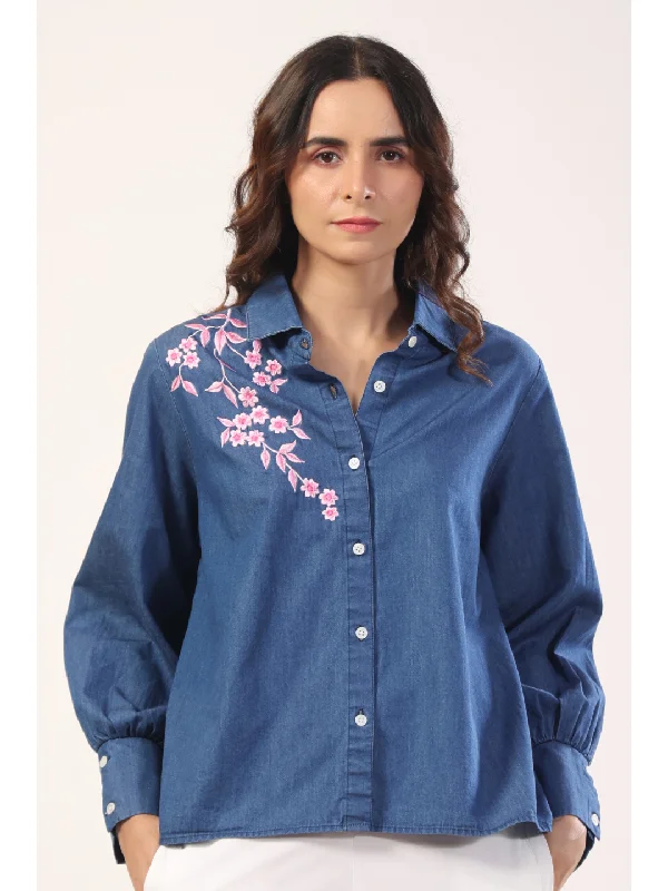 Sakura Floral Embroidery Denim Shirt