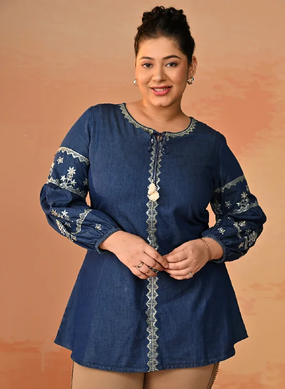 Ruhina Embroidered Denim Top For Women