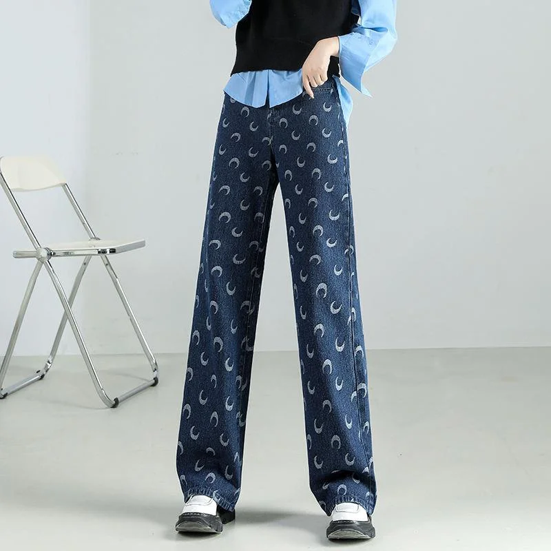 Women's High-Waist Moon Print Baggy Jeans: Casual Vintage-Inspired Denim