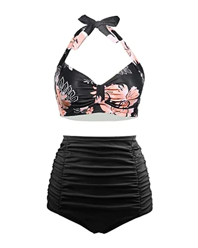 2 Piece Halter Swimsuit Women's Vintage High Waisted Bikini Set with Ruched