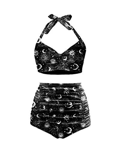 Retro 50S Pin Up Design Two Piece Bikini Swimsuit-Black Sun And Moon