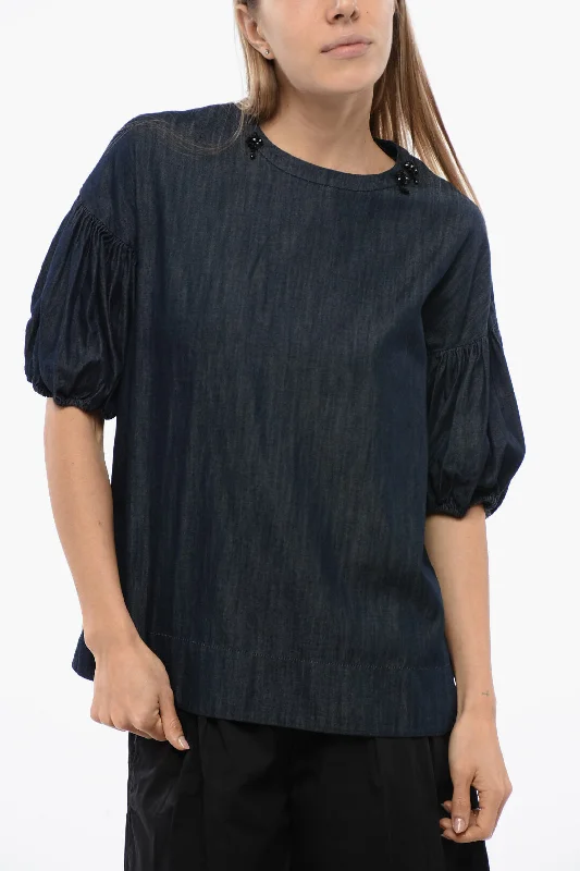 Max Mara S Denim Blouse With Balloon Sleeves And Rhinestones