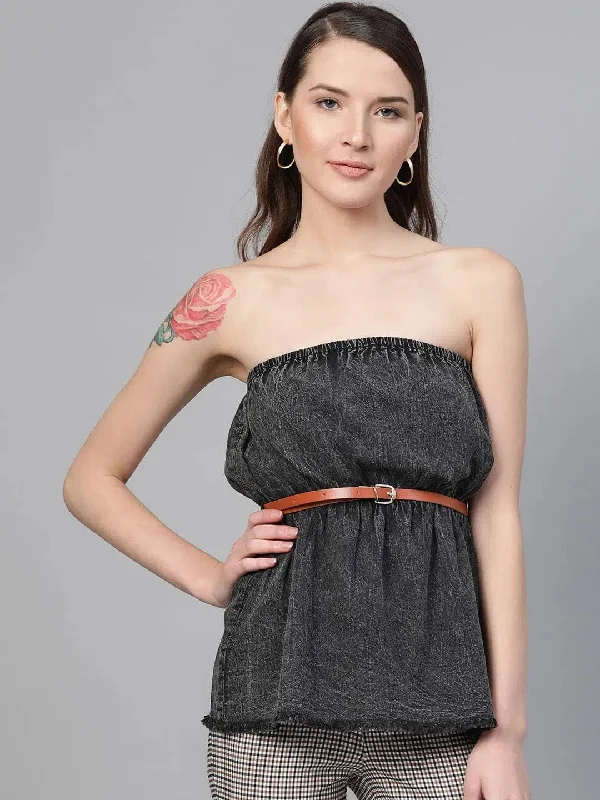 Black Denim Acid Wash Tube Top