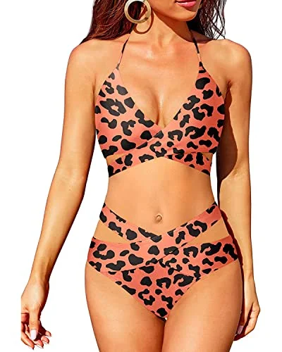 Flattering High Waisted Bikini Bottoms With Defined Waistline-Orange And Leopard