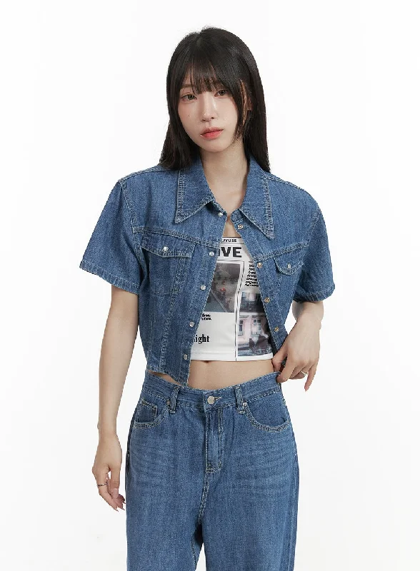 Pocketed Washed Denim Crop Shirt CY407