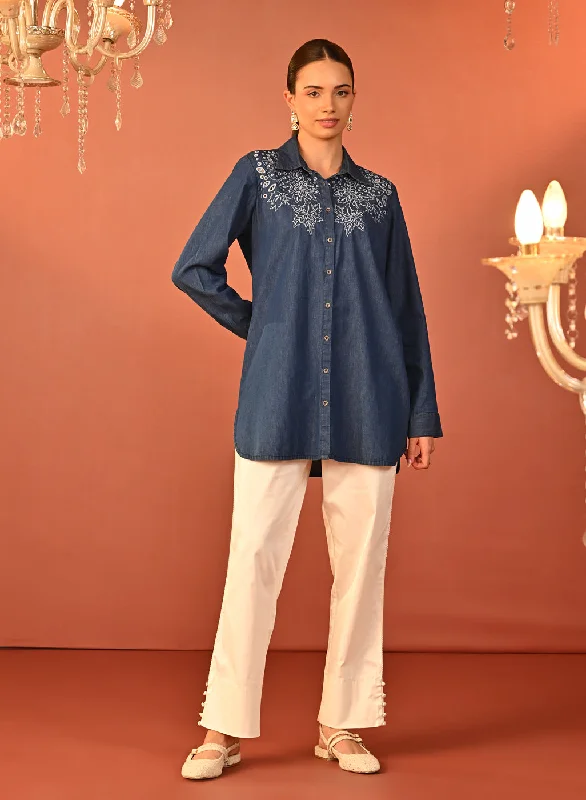 Raima Denim Blue Embroidered Denim Shirt for Women