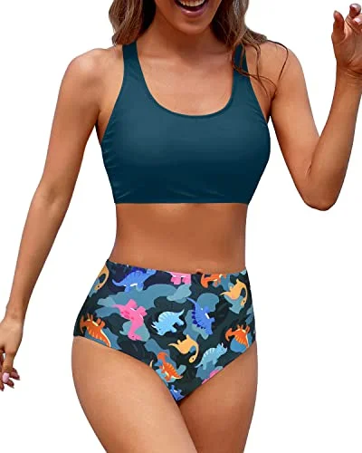 Women's Scoop Neck Bathing Suit For Teen Girls With Bottom-Blue Green Dinosaur