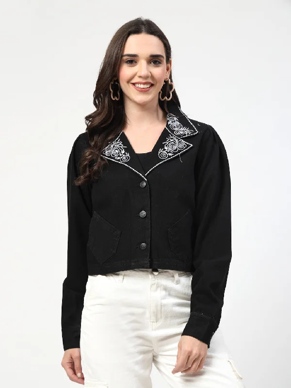 Embroidered Collar Black Denim Jacket