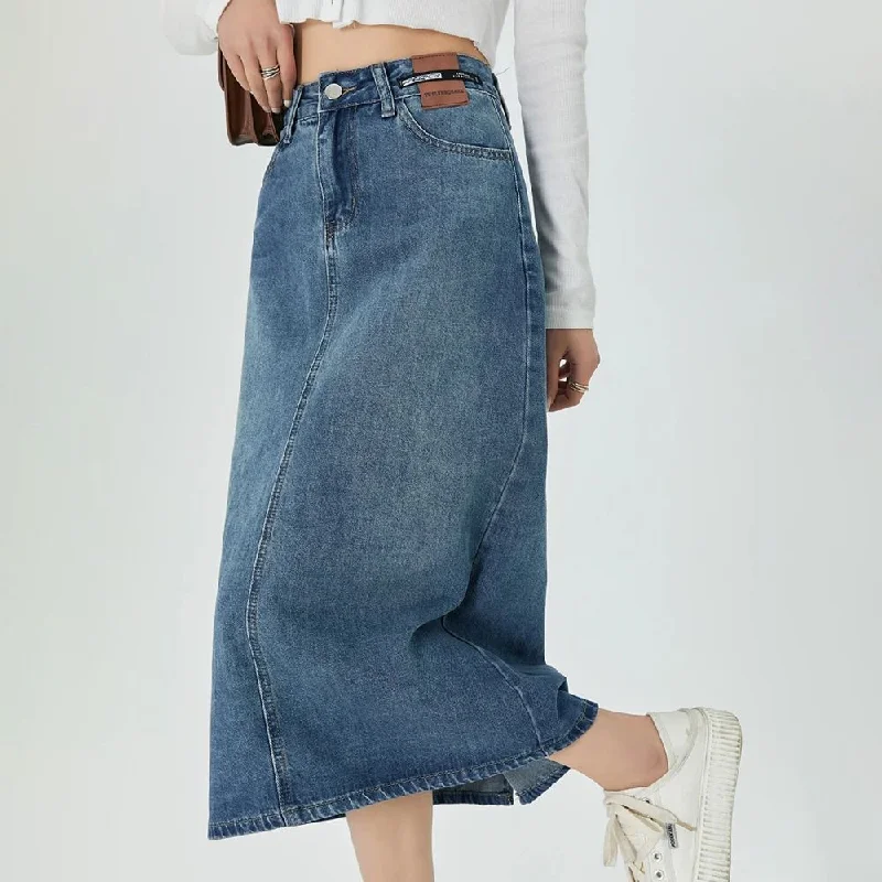 Classic Blue A-Line Midi Denim Skirt