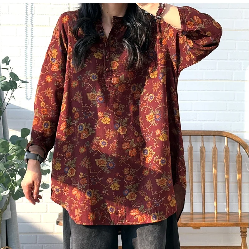 Women Spring Vintage Floral Cotton Long Sleeve Shirt Blouse