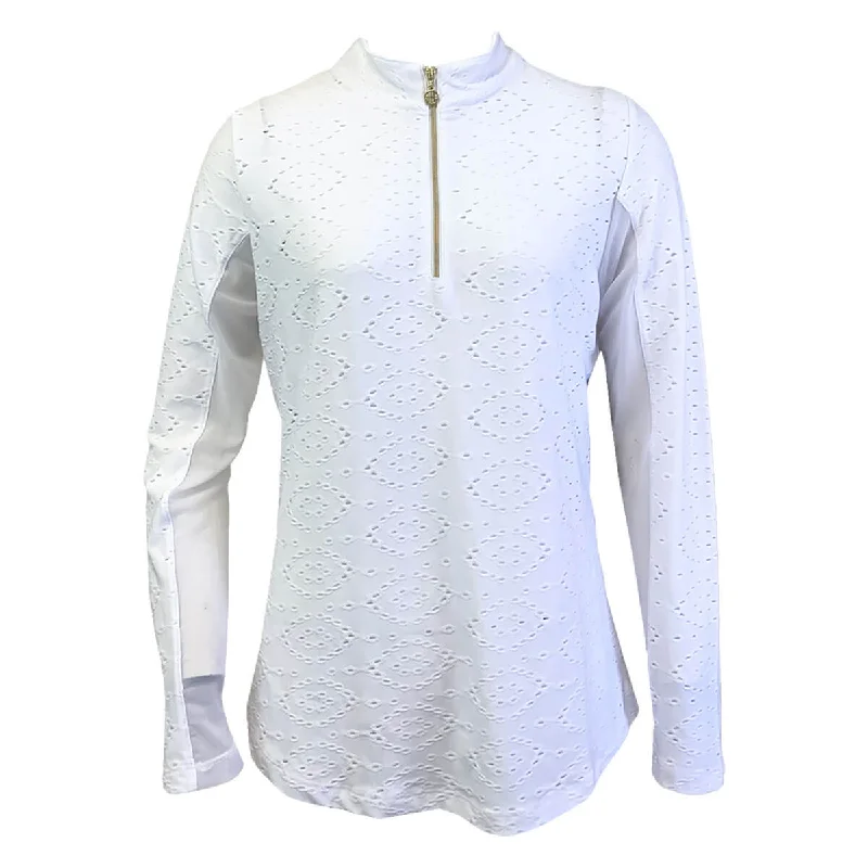 G Lifestyle Long Sleeve Solid Zip Mock Neck Top - White Eyelet