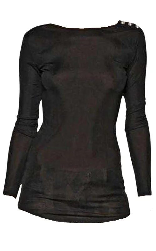 Black Long Sleeve Open Back Cotton Blend Top