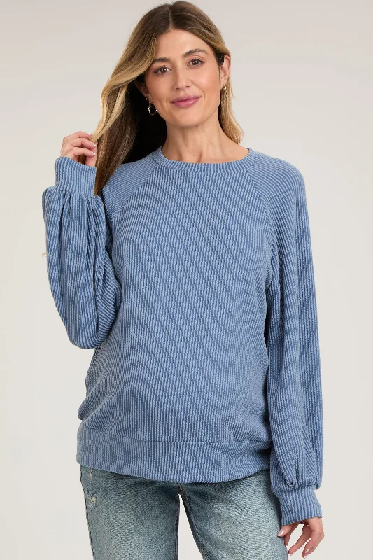 Blue Ribbed Long Sleeve Maternity Top