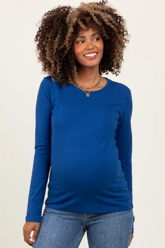 Light Navy Basic Crew Neck Long Sleeve Maternity Top