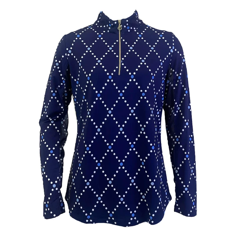 G Lifestyle Long Sleeve Print Zip Mock Neck Top - Navy Diamond Geo