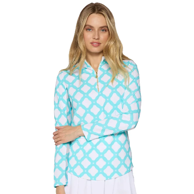 G Lifestyle Long Sleeve Print Zip Mock Neck Top - Circle Geo Carib Turq