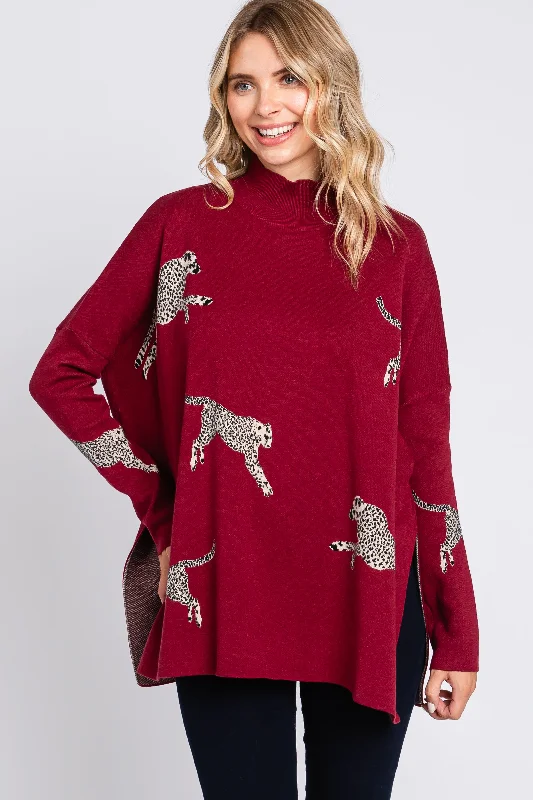 Burgundy Animal Print Side Slit Sweater