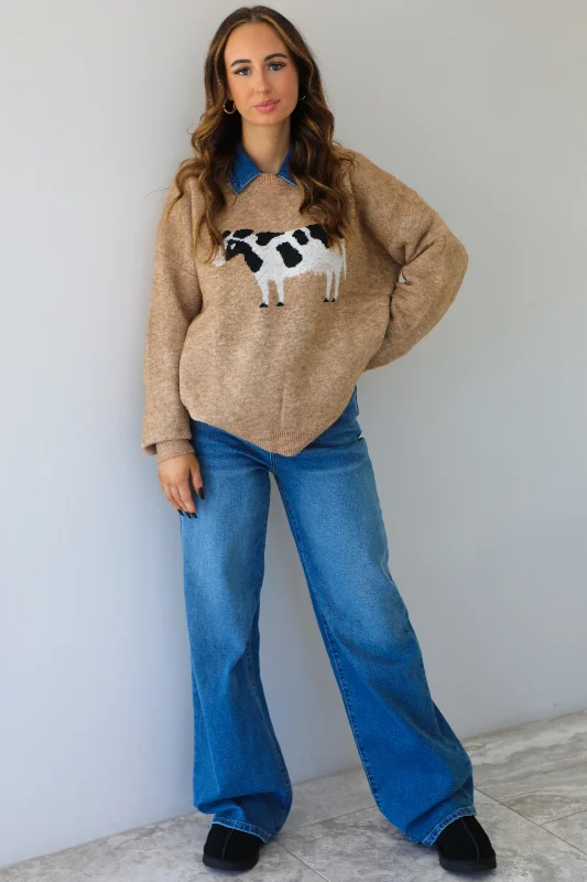 "Look Cows" Sweater: Mocha/Multi