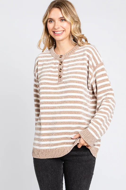 Mocha Striped Chenille Henley Sweater