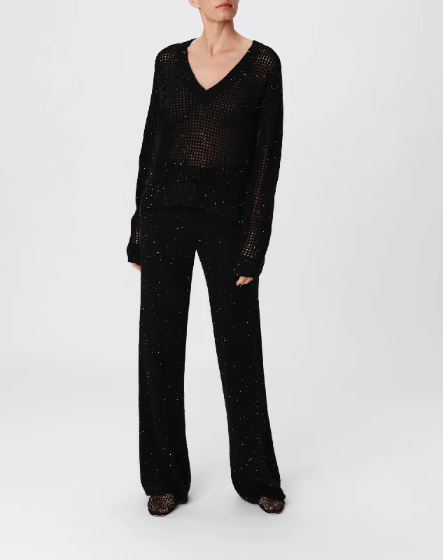 Sequin Wool Blend Wide Leg Pant - Black