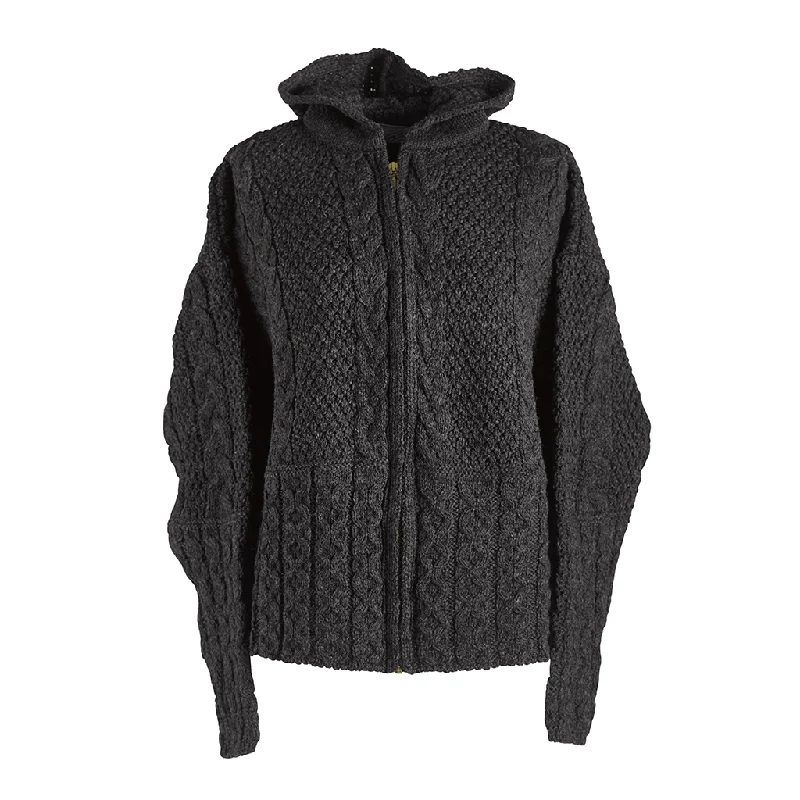 Hooded Zip Aran Cardigan Charcoal