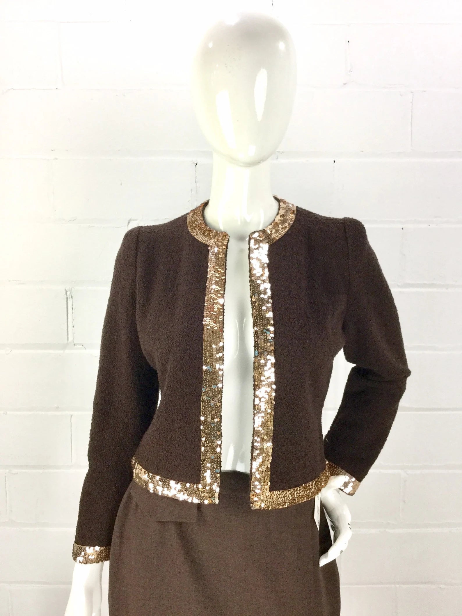 Vintage 1980s Brown Sequin Adolfo Boucle Cardigan, B36