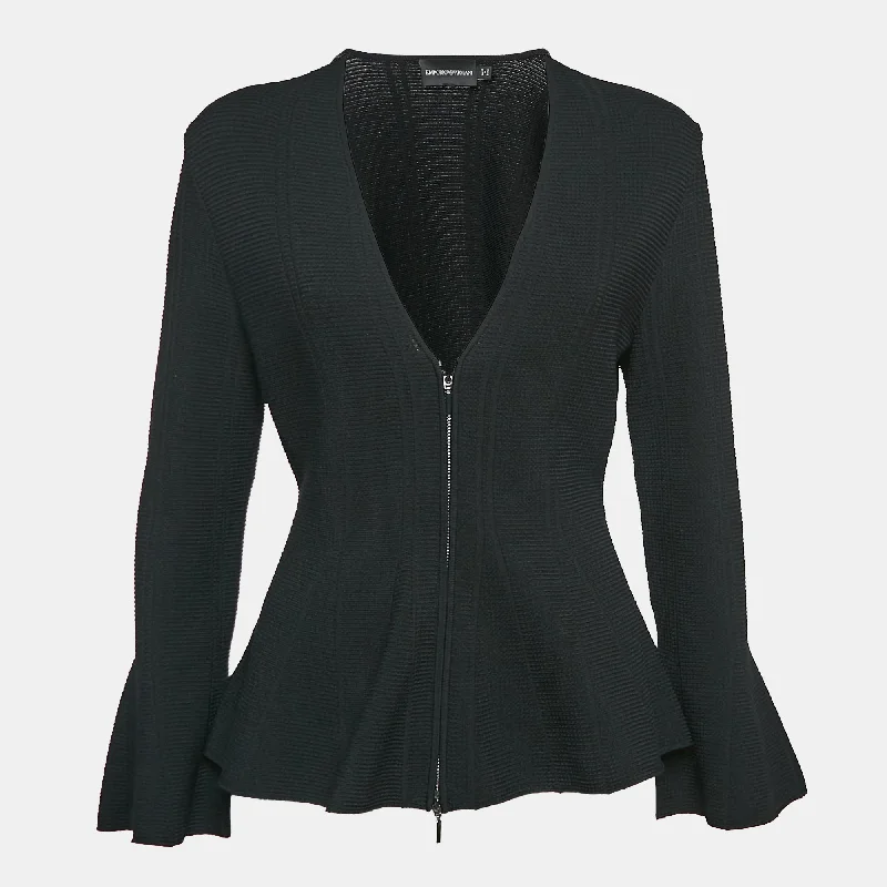 Emporio Armani Black Textured Knit Zip-Up Cardigan