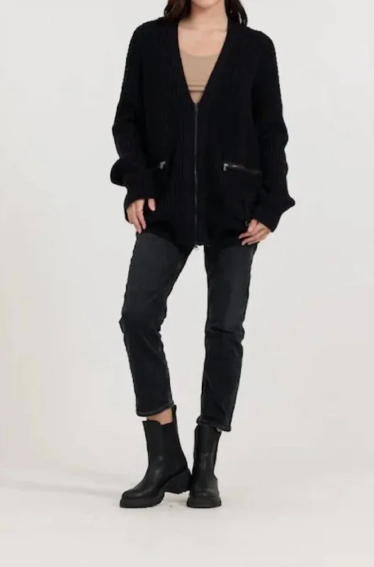 Long Zip Front Utility Cardigan In Black