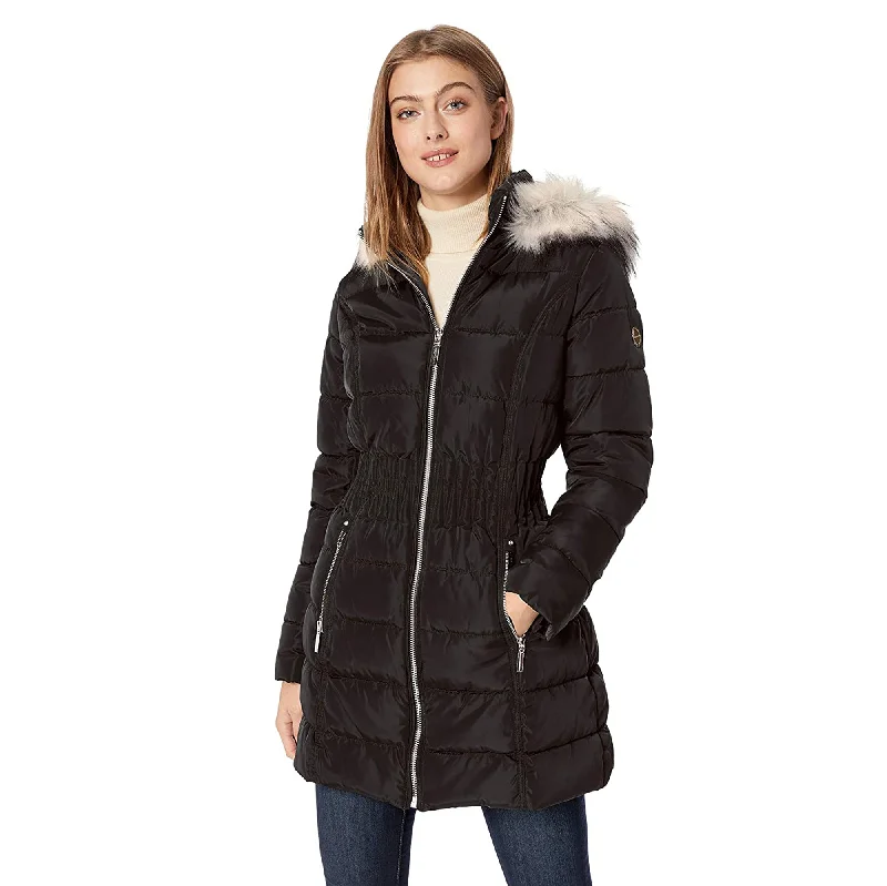 Laundry by Shelli Segal Black Cinch Waist Puffer Hooded Coat