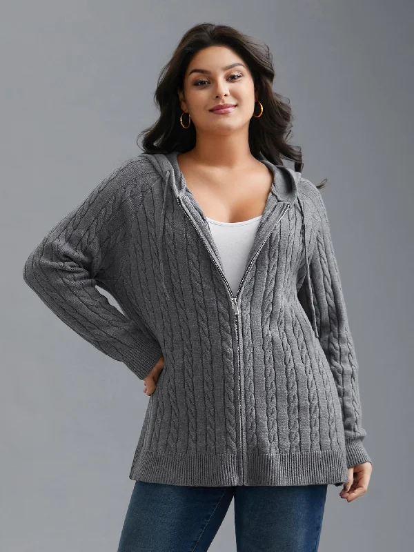 Cable Knit Hooded Zipper Cardigan