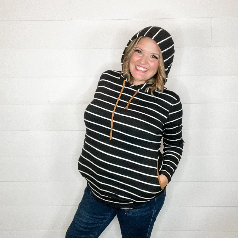 "Libby" Striped Hoodie with Faux Suede Elbow Patches