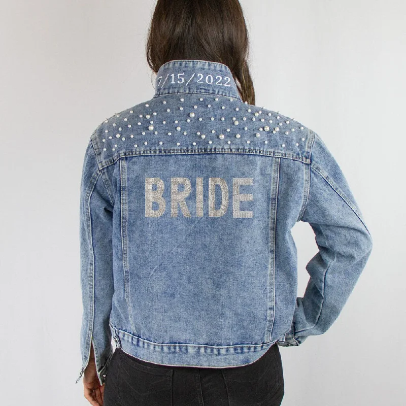 (Blue Pearl) Rhinestone Bride Patch Denim Jacket