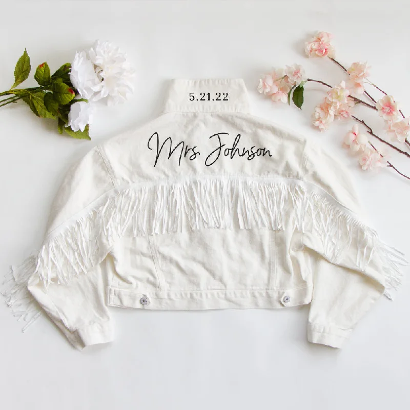 (White Fringe) Bride White Fringe Denim Jacket