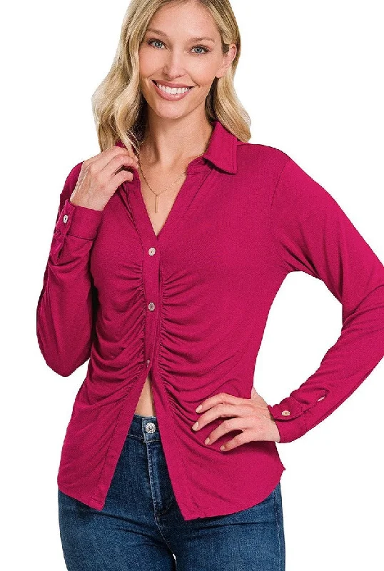 Button Front Stretchy Ruched Shirt