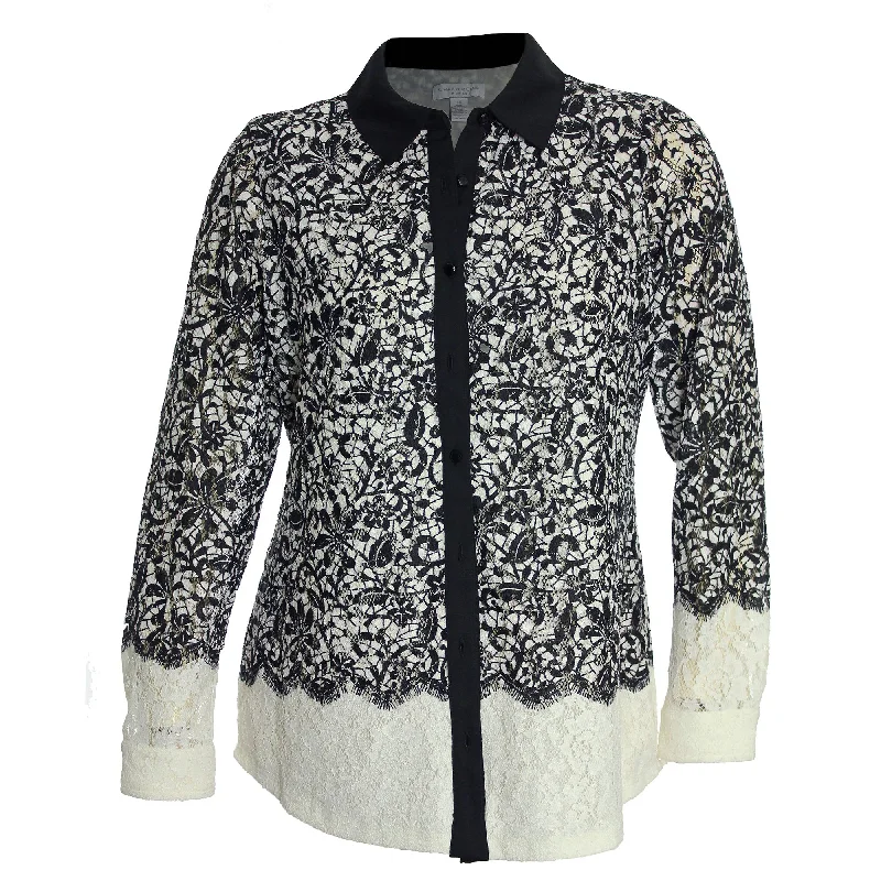 Charter Club Black & White Lace Long Sleeve Button Down Shirt Blouse