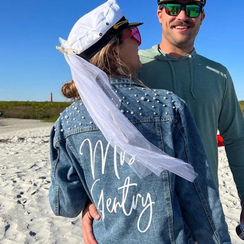 (Blue Pearl) Cute Custom Bride Pearl Denim Jacket