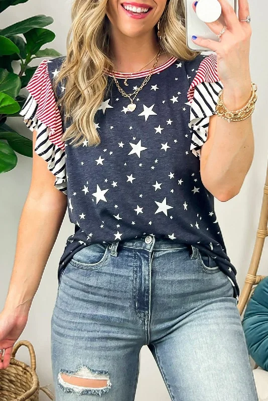 Gray Striped Ruffled Sleeve Star T Shirt