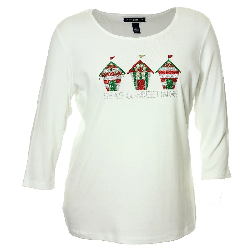 Karen Scott White Short Sleeve Holiday Greetings Graphic Shirt Tee