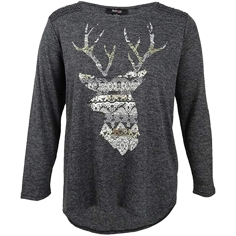 Style & Co Gray Long Sleeve Deer Graphic High-Low Tee Shirt