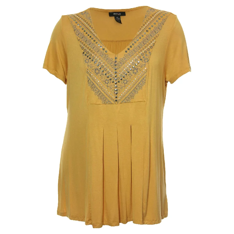 Style & Co Yellow Short Sleeve Embellished Pleat Front Shirt