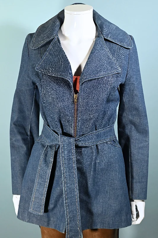 Vintage 60s/70s Denim Mini Coat, Hippie Mod Belted Denim Jacket S