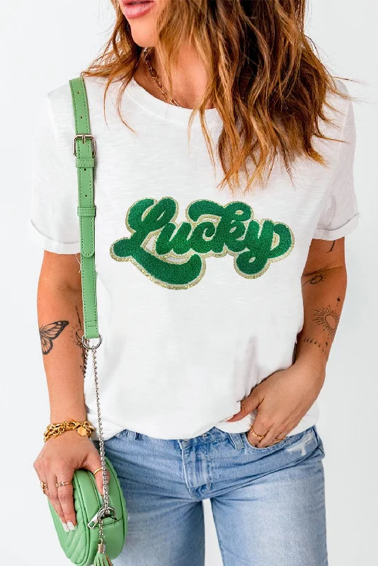 Green Lucky Chenille Glitter Patch Graphic T Shirt