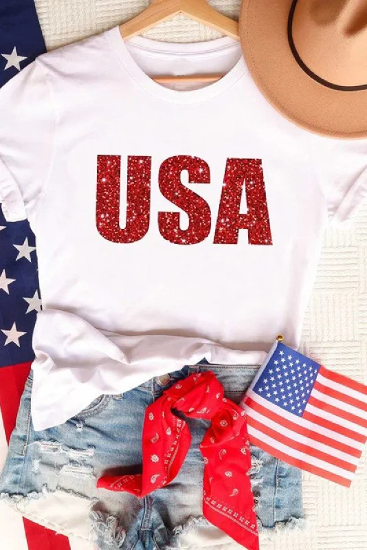 Glitter Sparkle "USA" Bold Graphic T Shirt